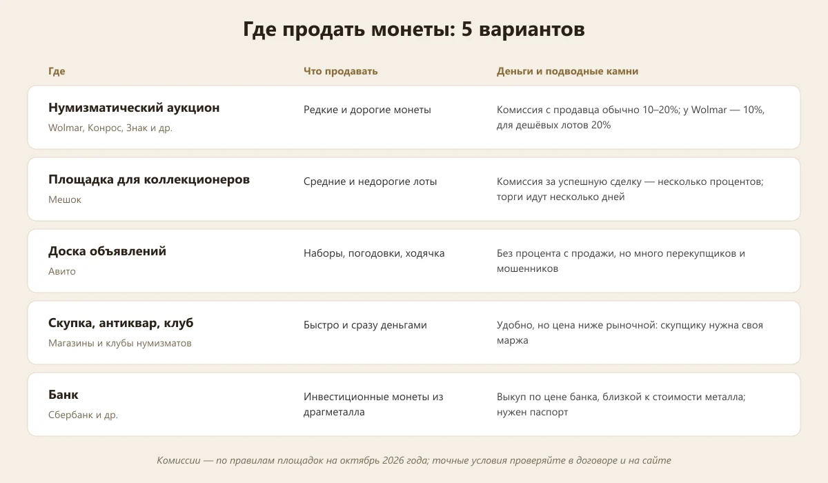 где продать монеты: аукцион, Мешок, Авито, скупка, банк