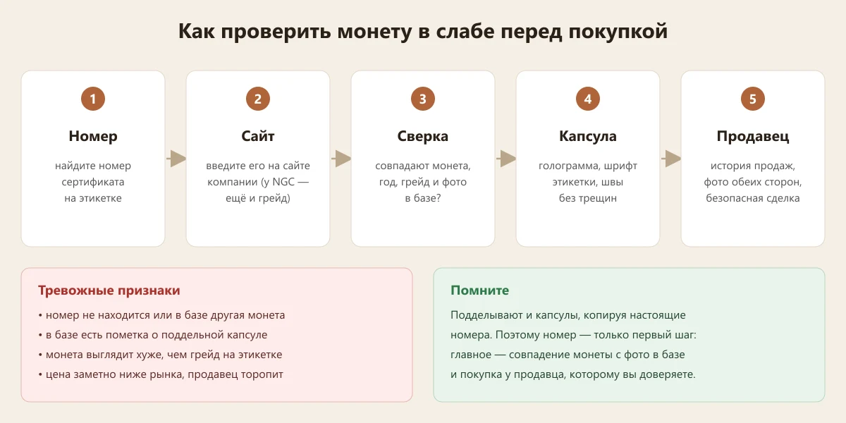 как проверить монету в слабе: номер сертификата, сайт компании, сверка фото, капсула, продавец