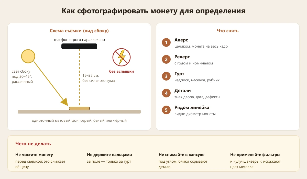 схема: как сфотографировать монету для определения по фото
