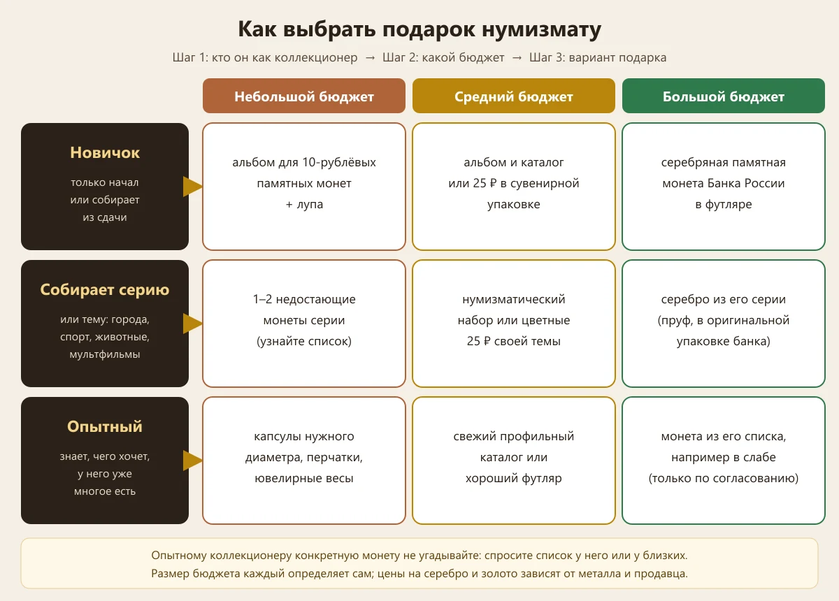 схема выбора подарка нумизмату: уровень коллекционера, бюджет и подходящий вариант подарка