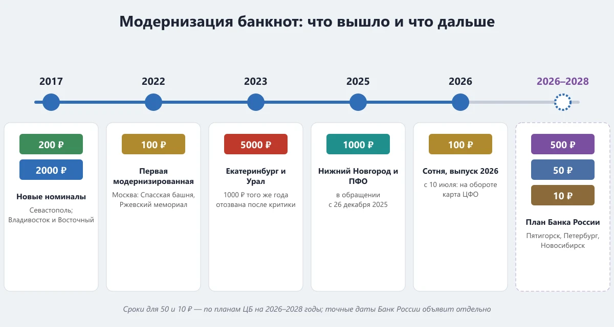 хронология модернизации банкнот Банка России с 2017 по 2028 год