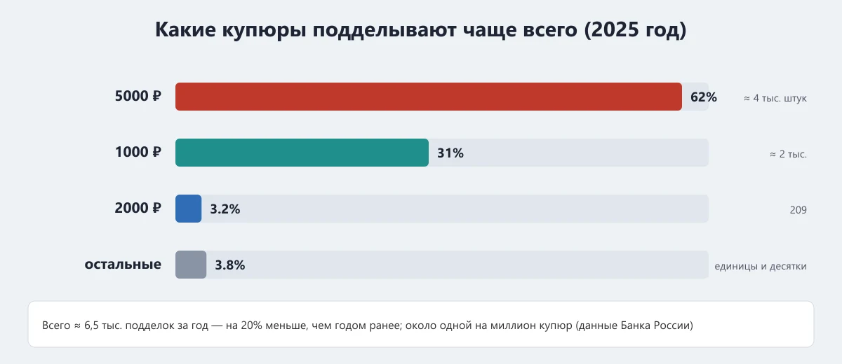 статистика поддельных банкнот в России за 2025 год по номиналам