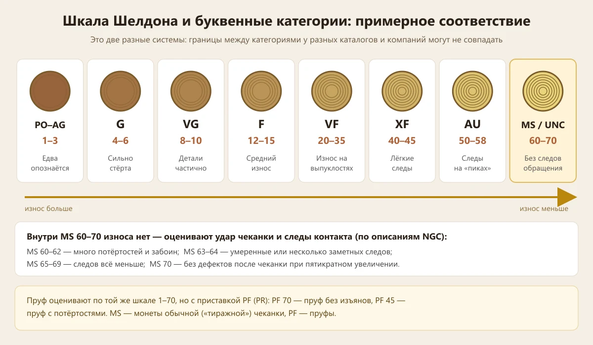 шкала Шелдона 1–70 и буквенные категории сохранности G VG F VF XF AU UNC, примерное соответствие