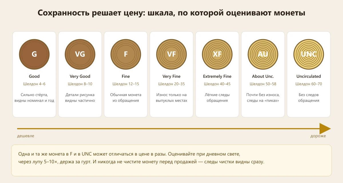 шкала сохранности монет G VG F VF XF AU UNC и шкала Шелдона