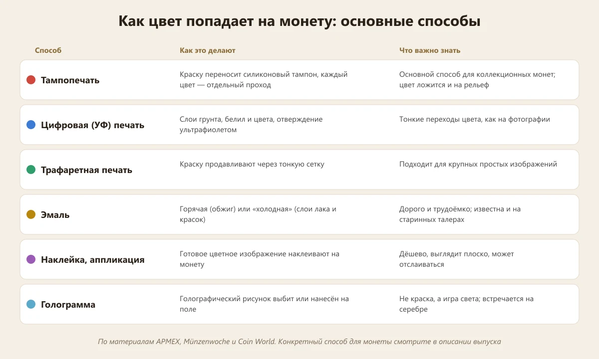 способы нанесения цвета на монеты: тампопечать, УФ-печать, эмаль, наклейка, голограмма