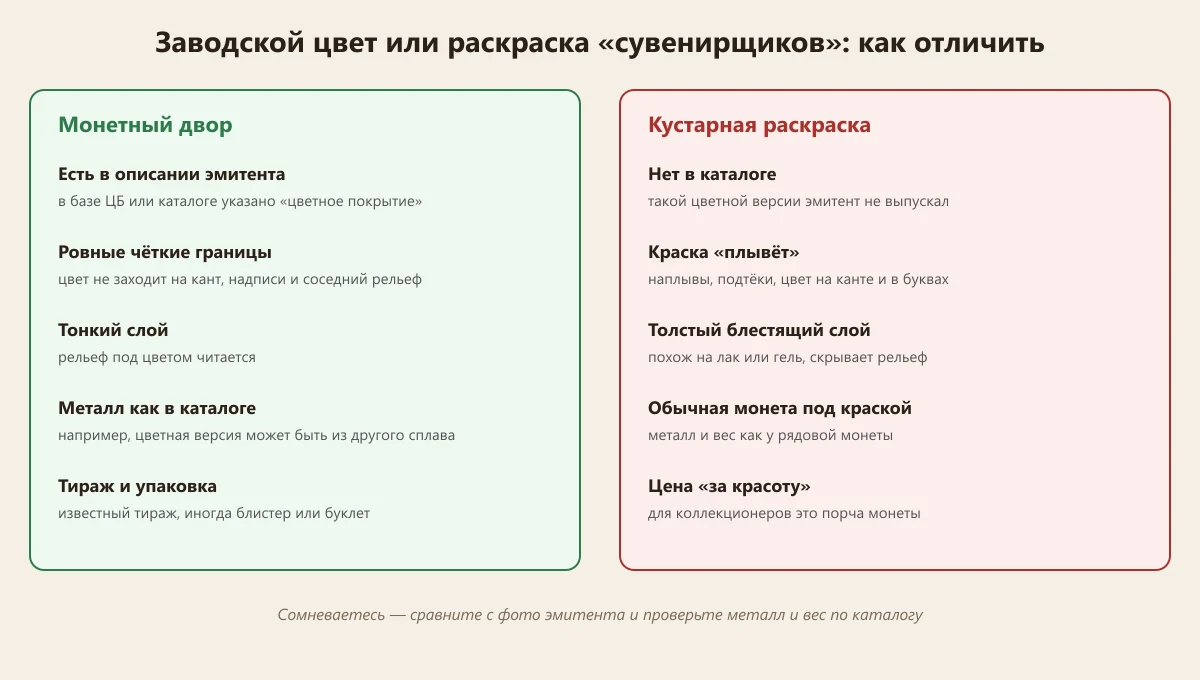 как отличить заводскую цветную монету от кустарной раскраски